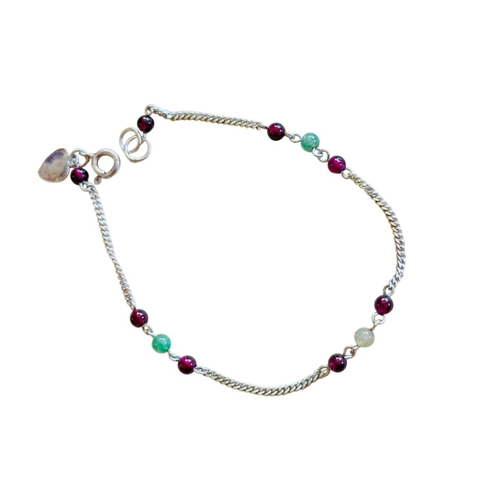 Garnet Jade Stone Bracelet Natural Round Stones Italy Sterling Silver 925‎ Chain